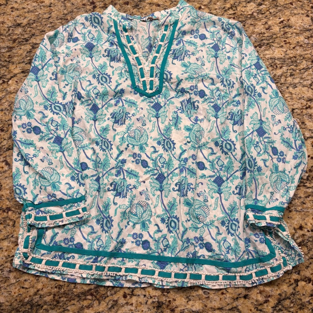 Soiree Womens 1X Blue Teal Paisley Floral Tunic Top Pom Pom Trim V-Neck Blouse